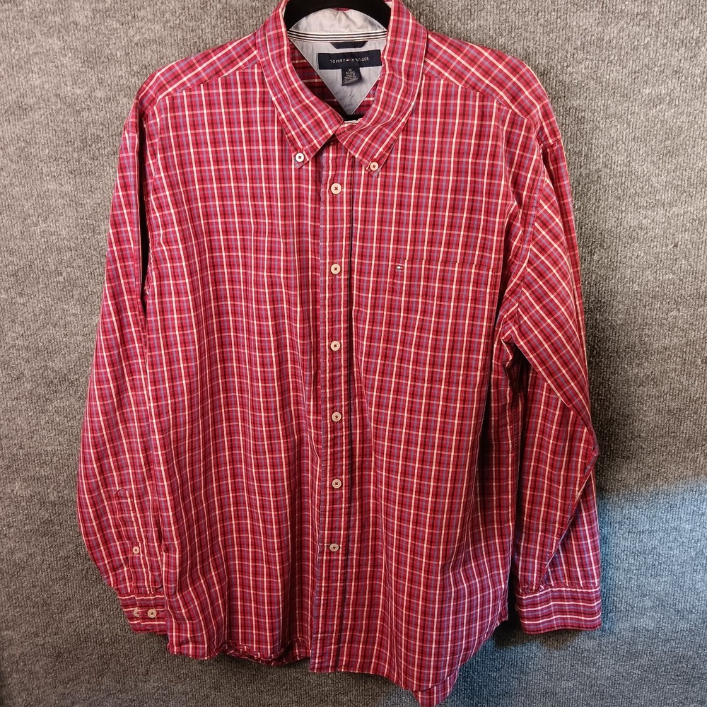 Tommy Hilfiger Mens Button Down Shirt Red Check Logo Pocket XL Regular Fit